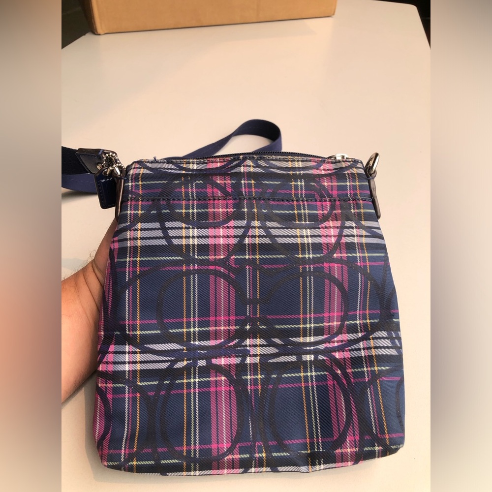 Coach Signature Poppy Navy and Pink Plaid Crossbody Purse with mini hangtag - Picture 2 of 12